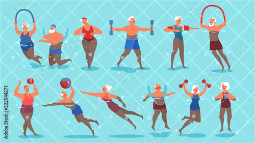 Set of old people doing exercise in swimming pool.
