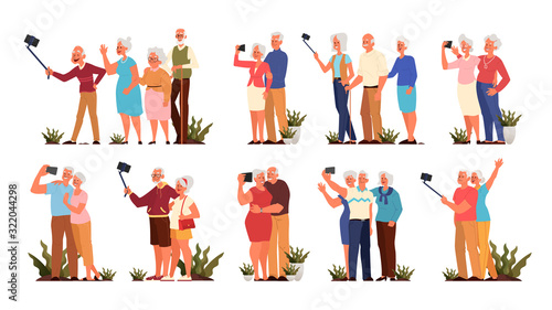 Old people taking selfie together set. Elderly characters taking photo