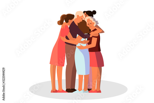 Women group hugging together. Female character support each other.