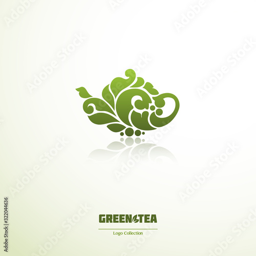 Green tea logo. Ornate teapot icon.