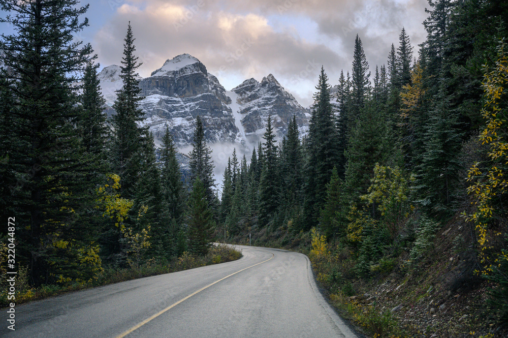 Highway with rocky mountains in pine forest at Moraine lake in Banff national park