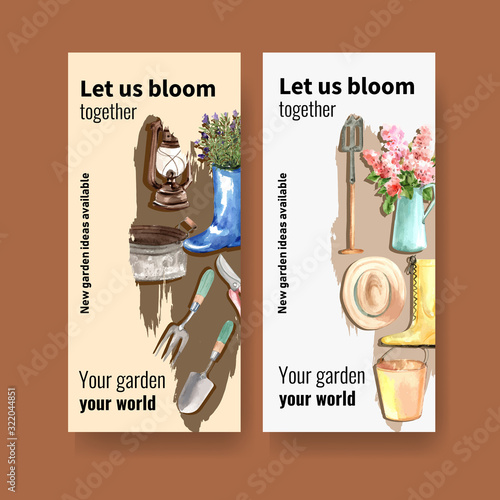 Flower garden flyer design with garden fork, bucket, a boot watercolor illustration.