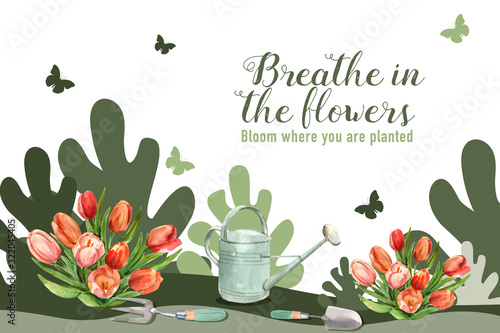 Flower garden frame design with shovel, garden tools, tulips watercolor illustration.
