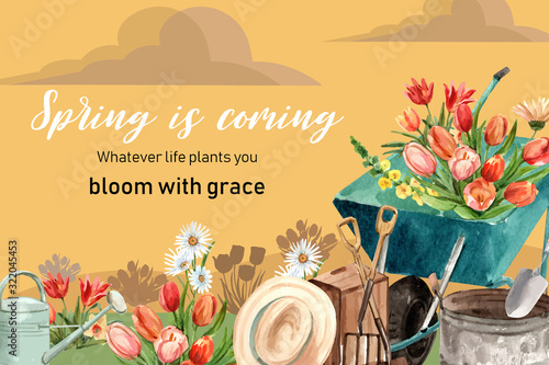 Flower garden frame design with crocus, tulip, mullein watercolor illustration.