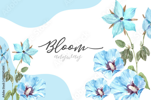 Flower garden frame design with hibiscus syriacus, borage watercolor illustration.