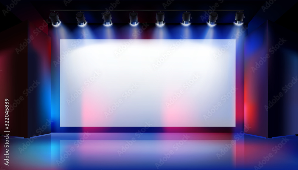 Large projection screen on the stage. Show in art gallery. Free space for  advertising. Colorful background. Vector illustration. Stock Vector | Adobe  Stock