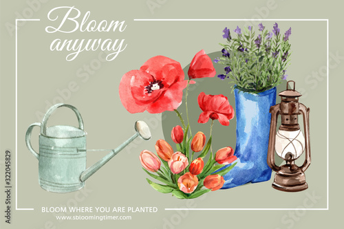 Flower garden frame design with poppy flower, tulip, lantern watercolor illustration.