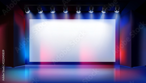 Large projection screen on the stage. Show in art gallery. Free space for advertising. Colorful background. Vector illustration.