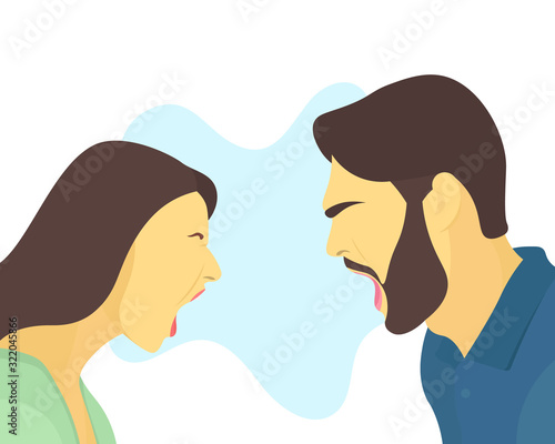 Screaming couple. Unhappy couple. Relationship problems. Divorce concept. Man screams at woman. Flat vector character illustration.