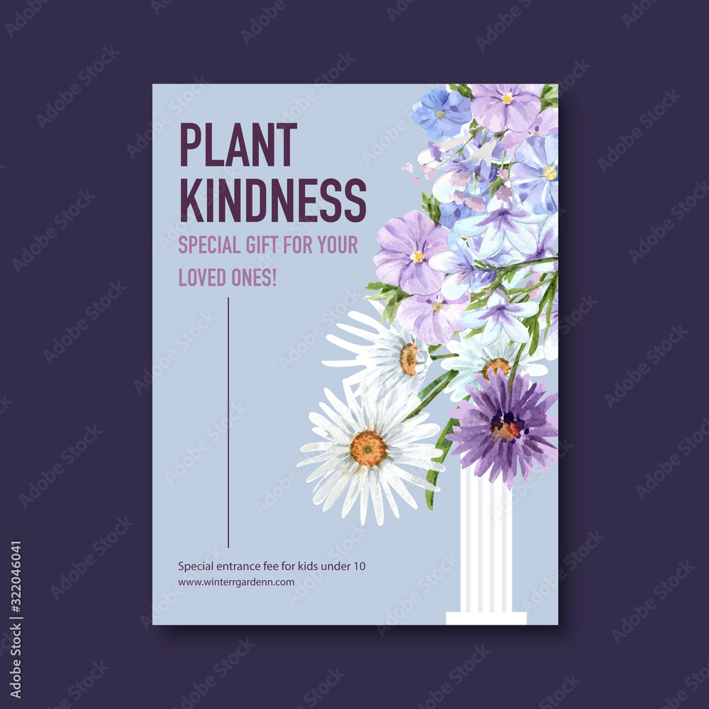Flower garden poster design with Purple mallow, Daisy watercolor illustration. Flower garden poster design with Purple mallow, Daisy watercolor illustration.