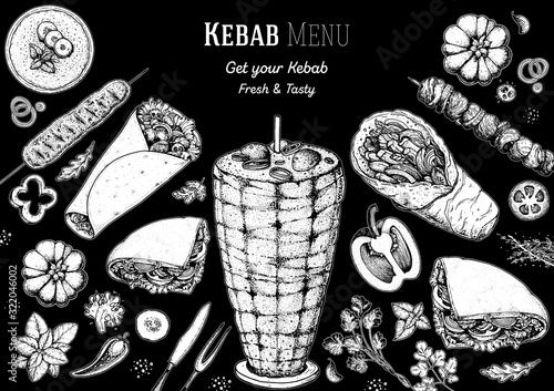 Doner kebab cooking and ingredients for kebab, sketch illustration. Arabic cuisine frame. Fast food menu design elements. Shawarma hand drawn frame. Middle eastern food.