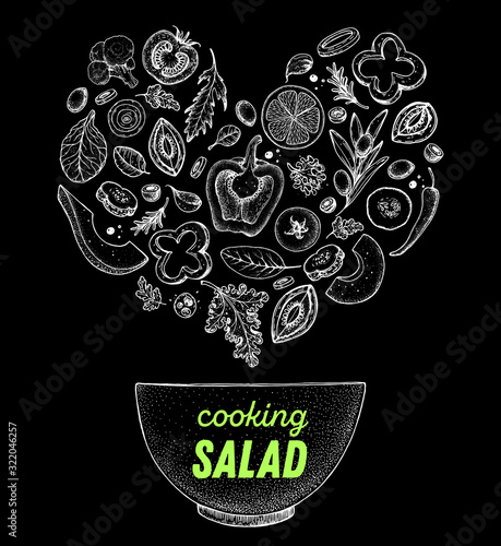Salad sketch. Heart salad concept. Food illustration. Cooking salad design. Food menu elements. Hand drawn. Vector illustration on white background. Healthy and organic food. Vegan menu.