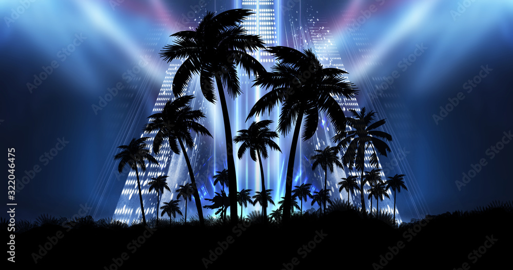 Space futuristic landscape. Neon palm tree, tropical leaves.