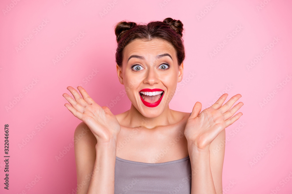 Photo of amazing young lady pretty buns red lipstick open mouth listen good news overjoyed wear casual summer grey tank-top isolated pastel pink color background Photo of amazing young lady pretty buns red lipstick open mouth listen good news overjoyed wear casual summer grey tank-top isolated pastel pink color background