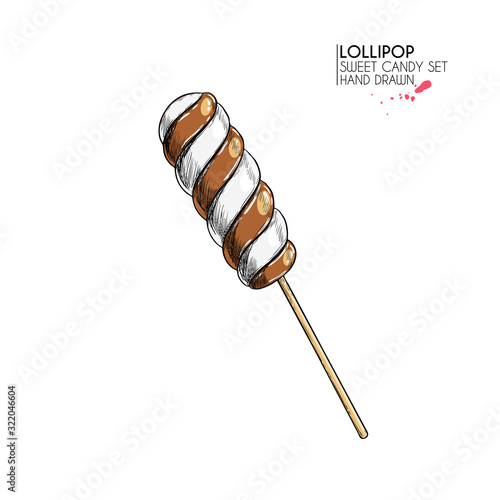 Hand drawn set of sweet candies. Twisted caramel lollipops. Vector food icons. Use for restaurant, menu, party decorating, flyer, banner. Sugar Halloween, Christmas dessert.