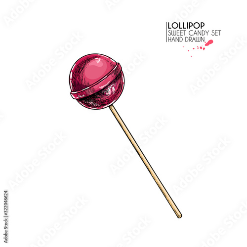 Hand drawn set of sweet candies. Twisted caramel lollipops. Vector food icons. Use for restaurant, menu, party decorating, flyer, banner. Sugar Halloween, Christmas dessert.