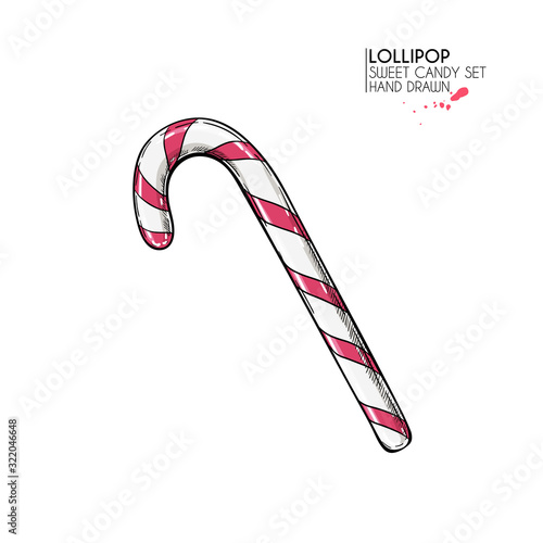 Hand drawn set of sweet candies. Twisted caramel lollipops. Vector food icons. Use for restaurant, menu, party decorating, flyer, banner. Sugar Halloween, Christmas dessert.