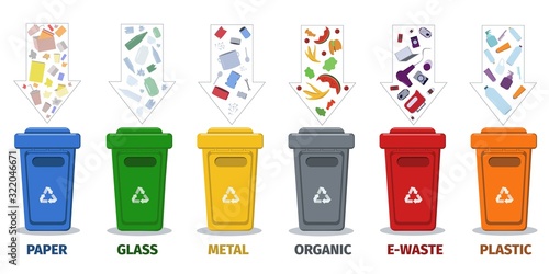 Recycling, segregation of garbage. Containers for different types of trash. Waste management. Gargade containers set. Vector illustration. 