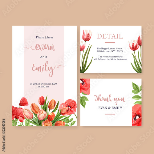 Flower garden wedding card design with tulips, poppy flowers watercolor illustration.