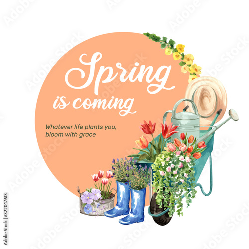 Flower garden wreath design with tulip, mullein, linum, ruellia watercolor illustration.