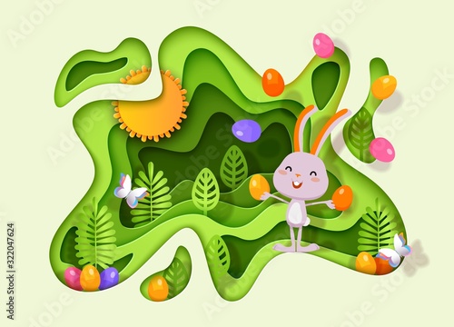 Easter papercut layered design with bunny, eggs, stylized trees Vector