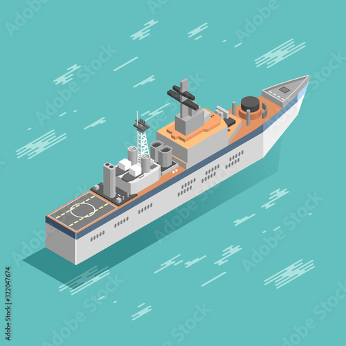Colorful vector military ship in isometry. Modern illustration