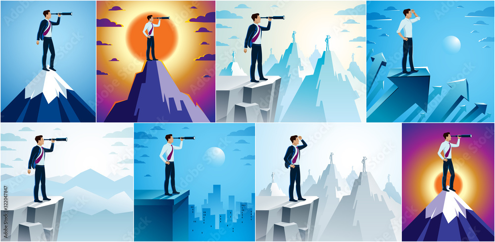 Businessman looking for opportunities in spyglass standing on top peak of mountain business concept vector illustrations set, successful young handsome business man searches new perspectives. - obrazy, fototapety, plakaty 