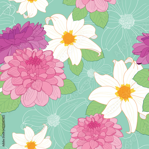 Colorful dahlia flowers seamless pattern on green background