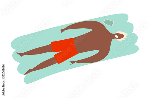 Man rest on inflatable mattress in the pool vector illustration. Guy swimming and relaxes, summer holiday rest. Summer relax and outdoor activities. Flat cartoon style, isolated on white background