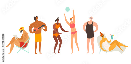 Beach outdoor activities vector illustration. Man reading book and plays ukulele. Woman playing volleyball and sunbathing on the beach. Summer holiday relax concept. Flat cartoon retro style, isolated