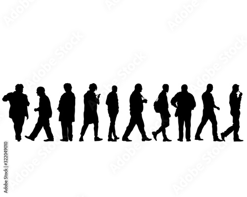 Big crowds people on street. Isolated silhouette on a white background