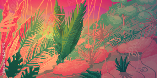 Wild tropical forest landscape with jungle plants. Fantasy nature scenery in vibrant colors. Vector illustration