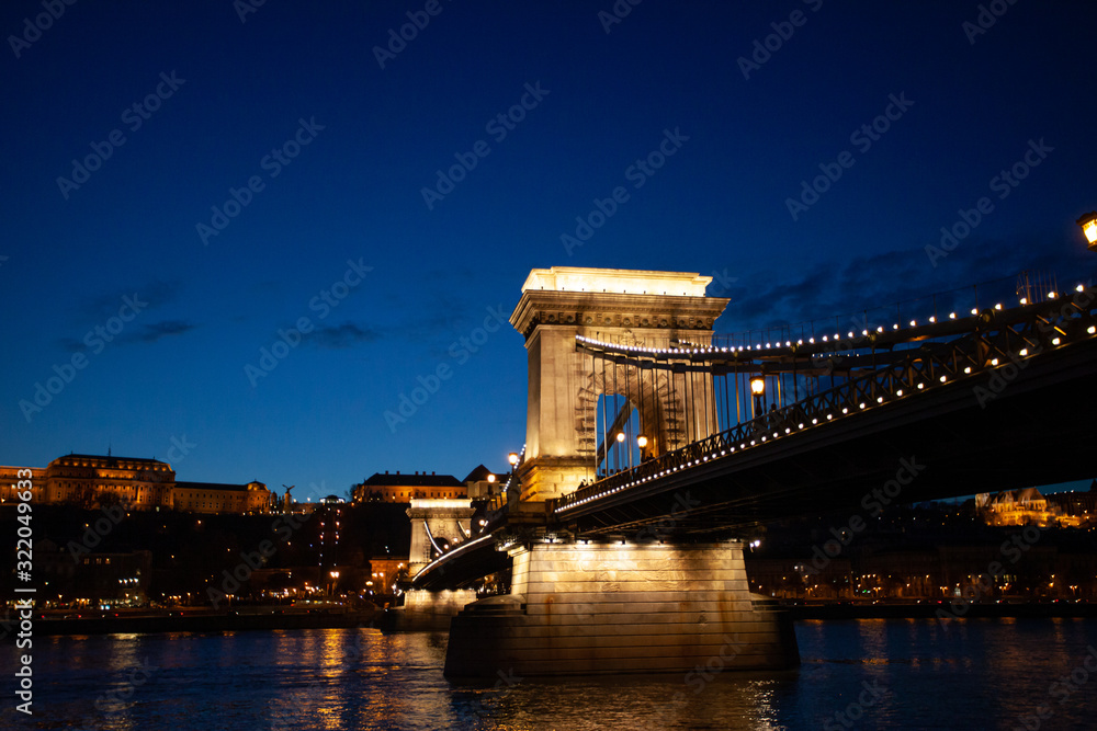 Famous Chain bridge over the Danube river in Budapest. Hungarian landmarks