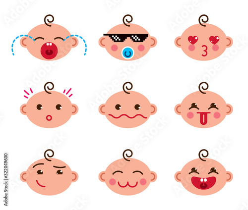 Cute baby cartoon vector flat icons set of emoji smiley collection, adorable, happy, smiling, laughing, showing tongue, cool pixel glasses, showing tongue, crying, sad and angry.