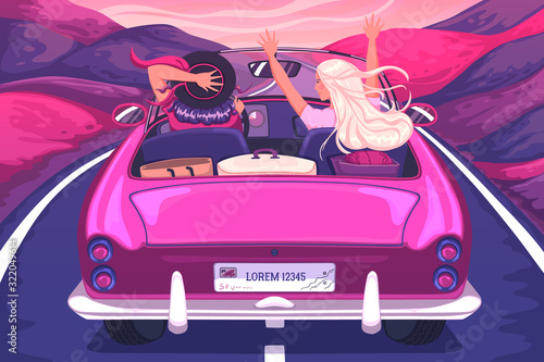 Happy young women travel by car. Girls laughing and enjoying with raised hands in car during a road trip. Vacation, holidays, travel, road trip concept. Vector illustration