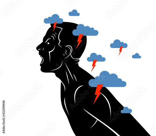 Anger, aggression and psychosis mental health and high anxiety vector conceptual illustration or logo visualized by man face profile shouting and screaming, dark clouds over his head.