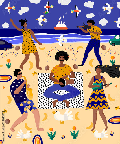  carnival and festival on the beach! Vector abstract holiday illustration with people, dancers and musicians. Party drawing for poster, banner or background. Brazilian dance, music and rhythm