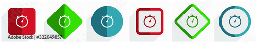 stopwatch icon set, flat design vector illustration in 6 options for webdesign and mobile applications in eps 10