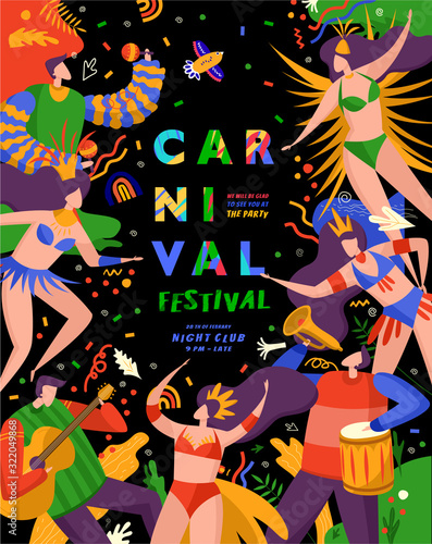 Brazilian carnival and festival! Vector abstract holiday illustration with people, dancers and musicians. Party drawing for poster, banner or background. Brazilian dance, music and rhythm