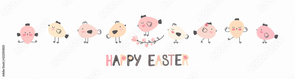 Horizontal banner with cute cartoon Easter chickens in various poses and happy Easter text. Spring holiday banner for websites, social networks, greeting cards. Funny birds. Vector illustration. Horizontal banner with cute cartoon Easter chickens in various poses and happy Easter text. Spring holiday banner for websites, social networks, greeting cards. Funny birds. Vector illustration.