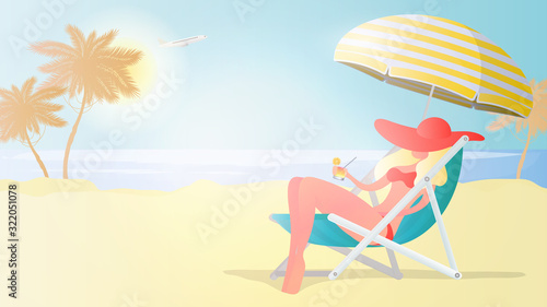 Girl in a swimsuit resting on the beach. Girl on a beach chair with a cocktail in her hands. Beach, palm trees, cocktail, deck chair, umbrella. Vector illustration