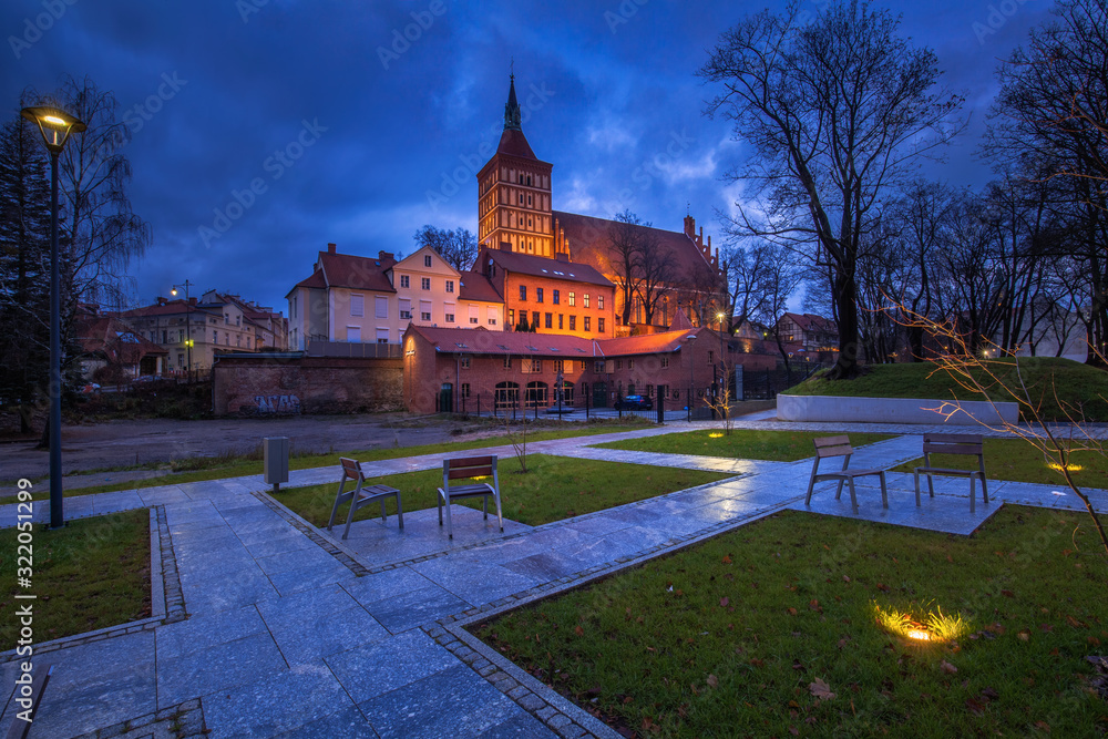 Fototapeta premium Urban lighting of the squares and the historic cathedral in the city of Olsztyn - Poland