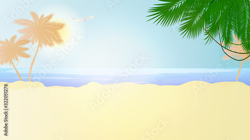 Sunny beach in a flat style. Palm trees, sand, sea, sky and sun.Illustration with place for text. Vector.