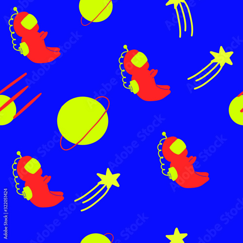 Space cosmontaut and planet children textile seamless pattern on classic blue background