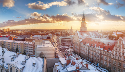 Olsztyn panorama with a view of the town hall, and the old town at sunset