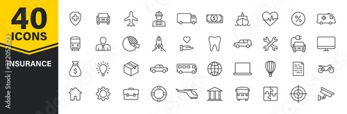 Set of 40 Insurance web icons in line style. Business, health, policy, tornado, flood, help. Vector illustration.