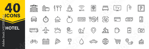 Set of 40 Hotel web icons in line style. Room, business, parking, travel, sleeping, comfortable. Vector illustration.