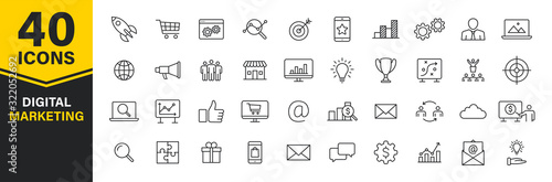 Set of 40 Digital Marketing web icons in line style. Social, networks, feedback, communication, marketing, ecommerce. Vector illustration.