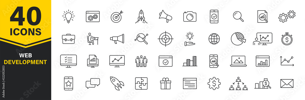 Set of 40 Web development web icons in line style. Marketing, analytics, e-commerce, digital, management, seo. Vector illustration. - obrazy, fototapety, plakaty 