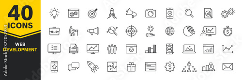 Set of 40 Web development web icons in line style. Marketing, analytics, e-commerce, digital, management, seo. Vector illustration.